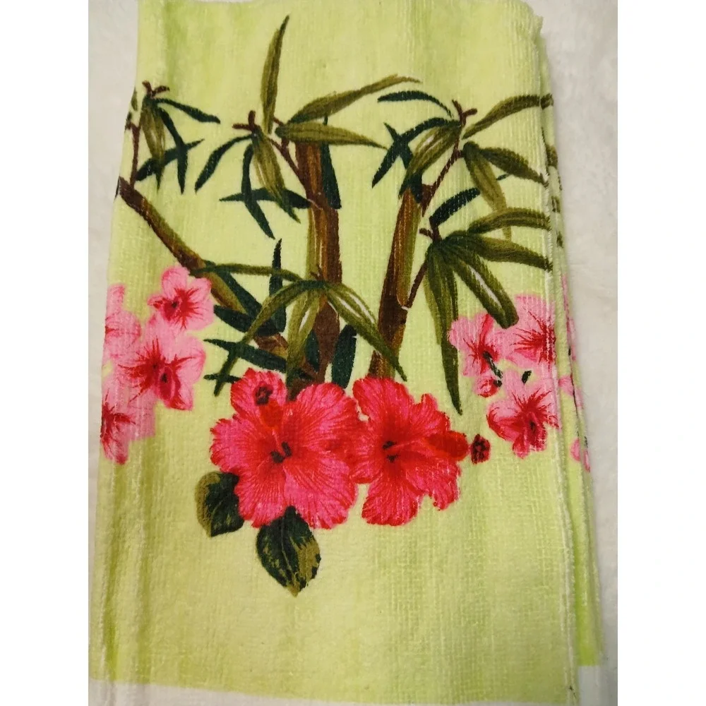 Retro Style 4-Piece Kitchen Cotton Set Pink Hibiscus Floral & Bamboo Print Rare